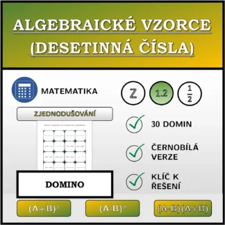 Domino: Algebraické vzorce (desetinná čísla), zjednodušování